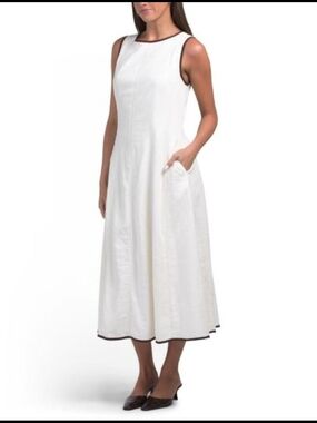 NICOLE MILLER White LinenMidi Dress with Contrast BrownTrim